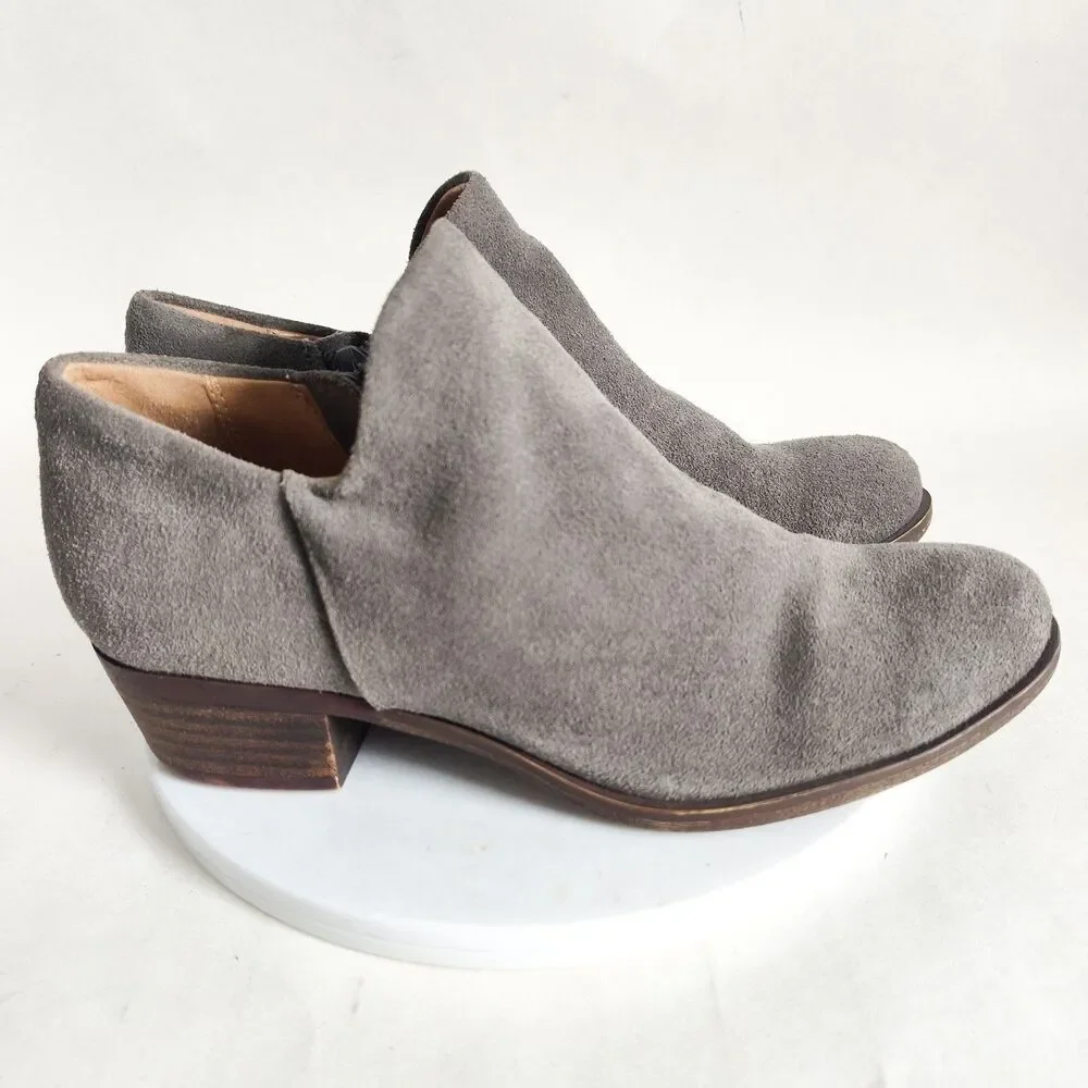 Lucky Brand Brett Gray Suede Ankle Boots Size 6 Zip Low Top‎ Boho Preppy Braided